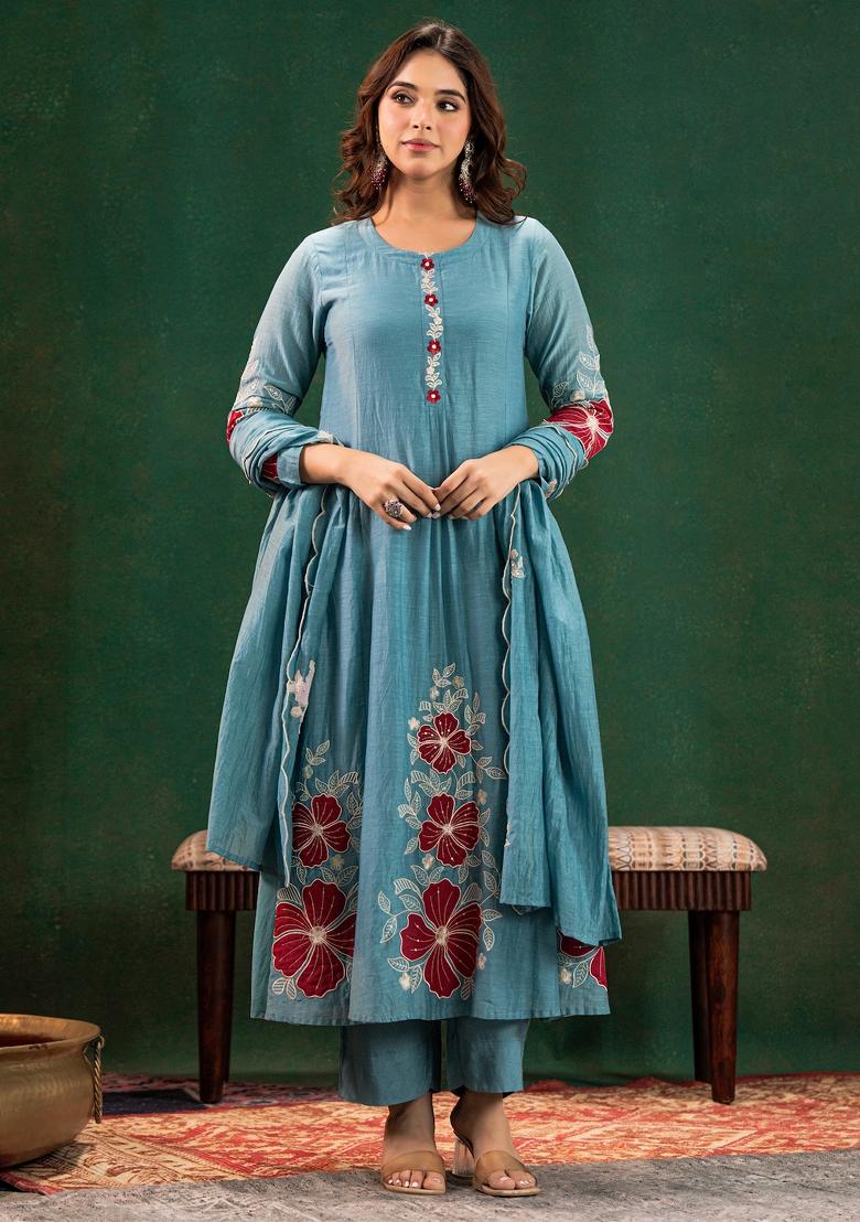 Blue Thread Work Chanderi Kurta Set - Indya