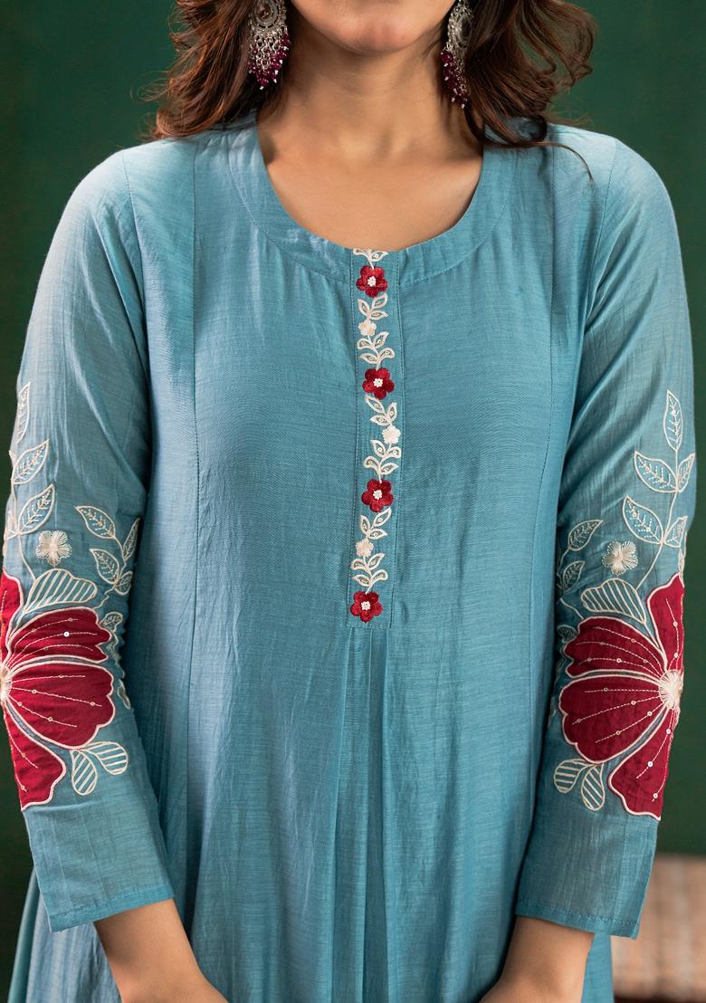 Blue Thread Work Chanderi Kurta Set - Indya