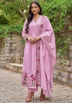 Pink Thread Work Chanderi Kurta Set