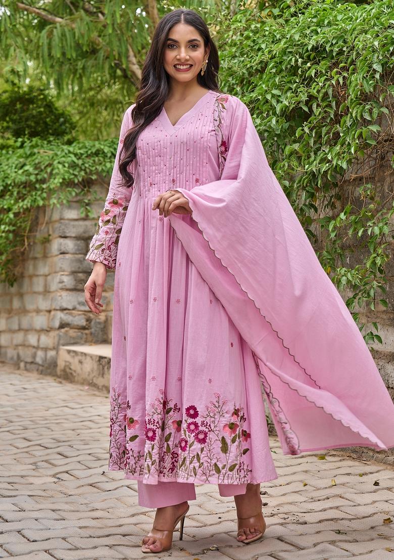 Pink Thread Work Chanderi Kurta Set - Indya