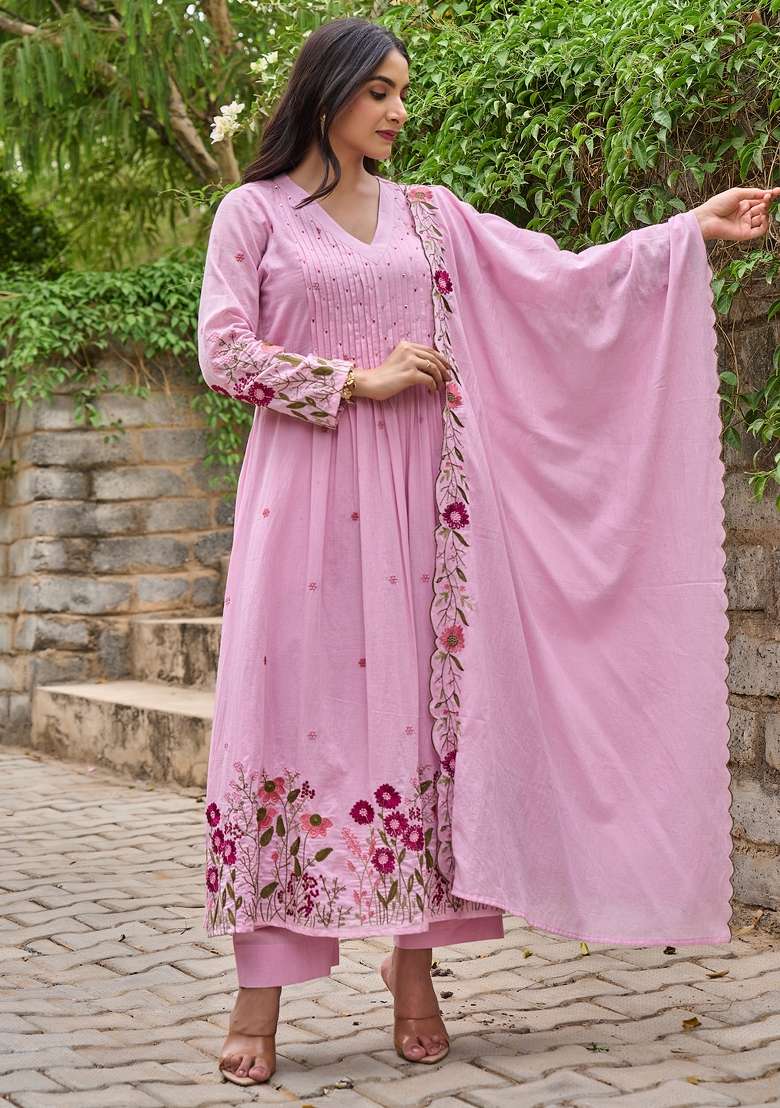 Pink Embroidered Chanderi Pakistani Suit Set - Indya