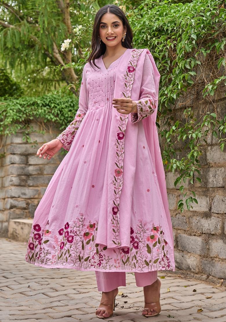 Pink Thread Work Chanderi Kurta Set - Indya