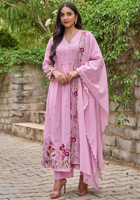 Pink Thread Work Chanderi Kurta Set