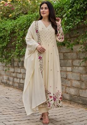 Cream Thread Work Chanderi Kurta Set