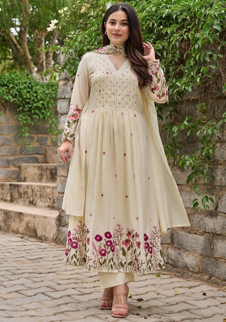 Cream Thread Work Chanderi Kurta Set - Indya