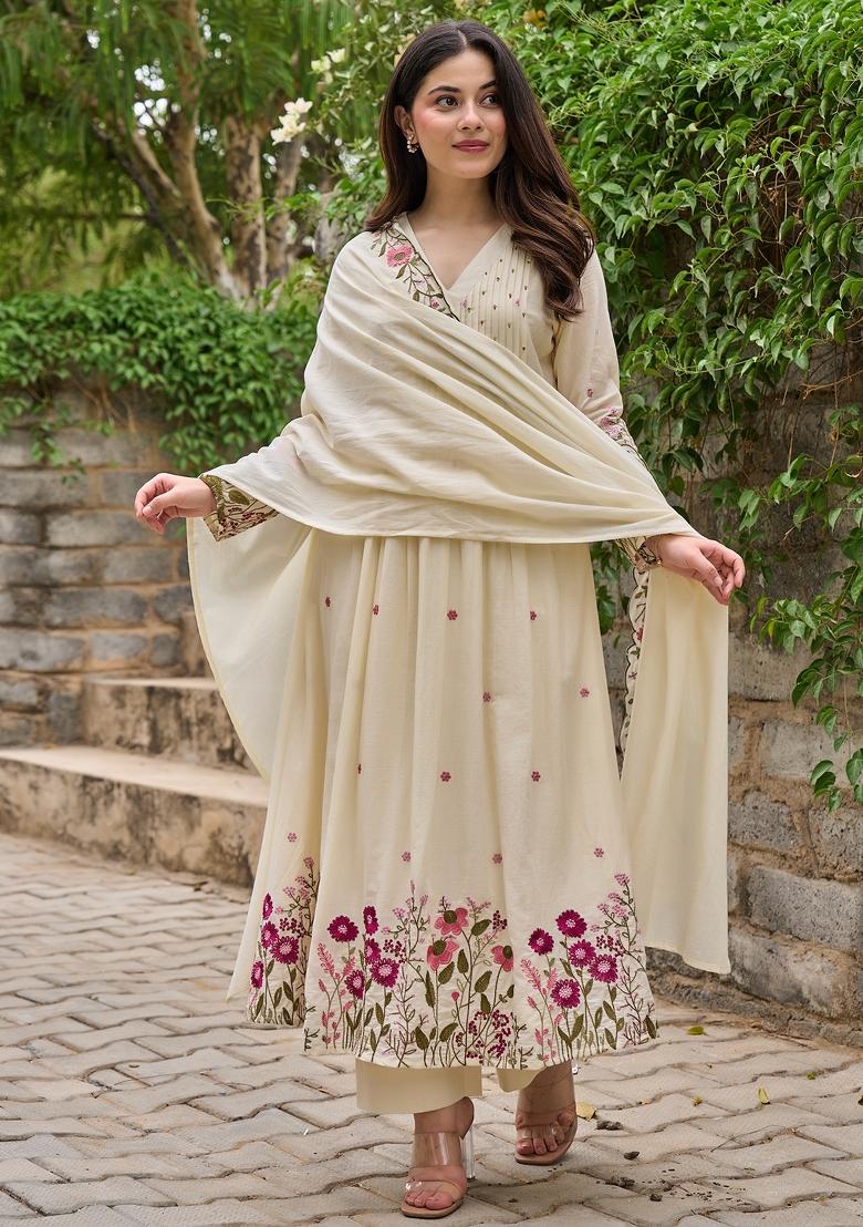 Cream Thread Work Chanderi Kurta Set - Indya