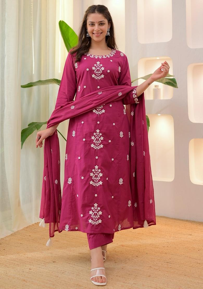 Dark Pink Thread Work Rayon Kurta Set - Indya