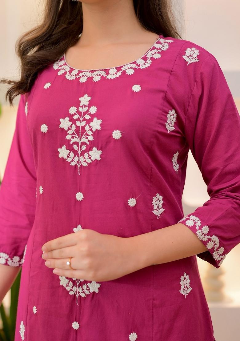 Dark Pink Thread Work Rayon Kurta Set - Indya