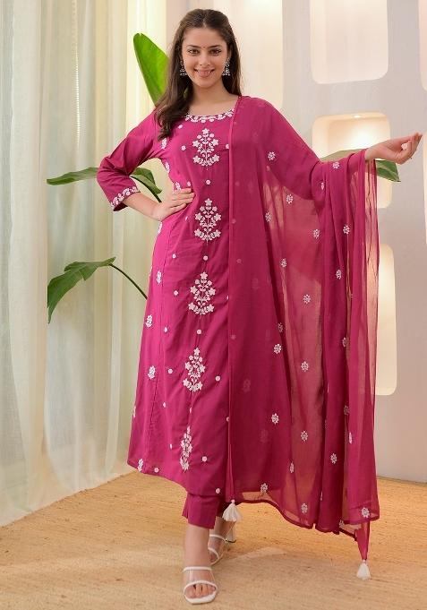 Dark Pink Thread Work Rayon Kurta Set