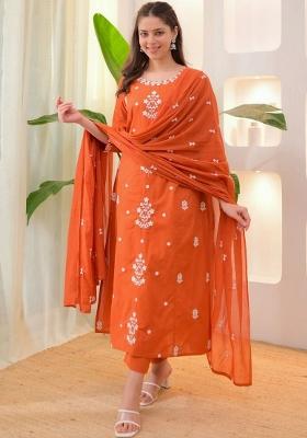 Orange Thread Work Rayon Kurta Set