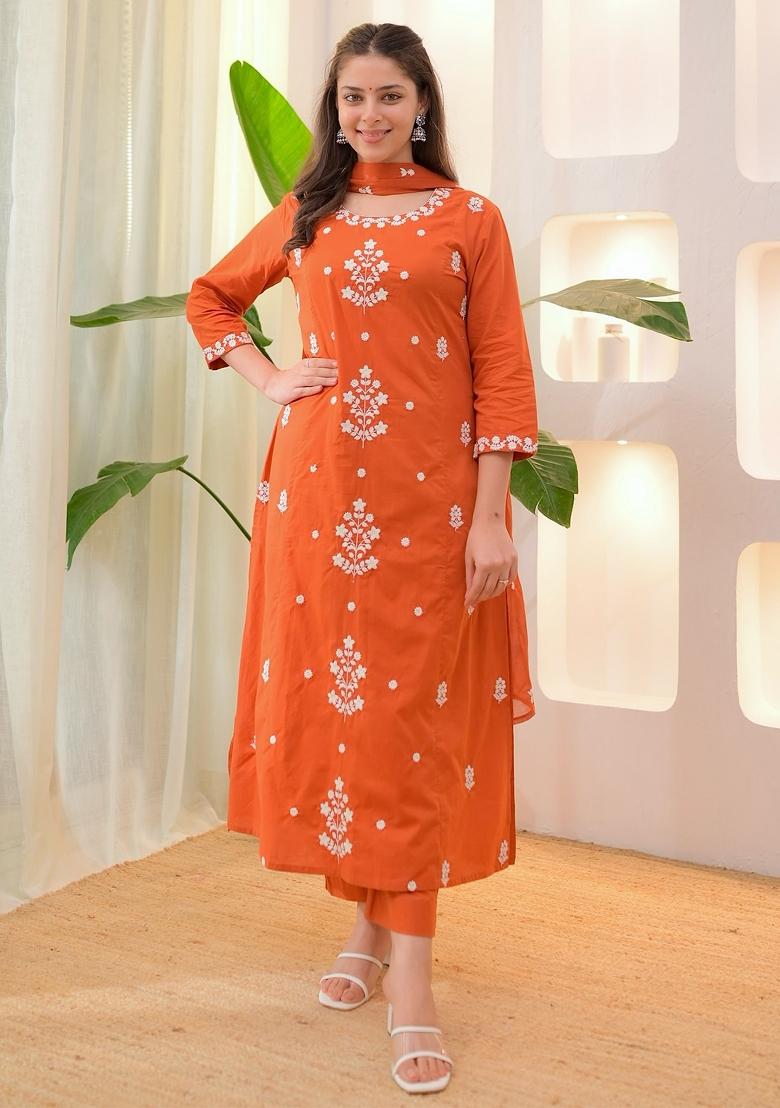 Orange Thread Work Rayon Kurta Set - Indya