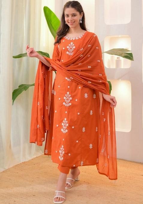 Orange Thread Work Rayon Kurta Set