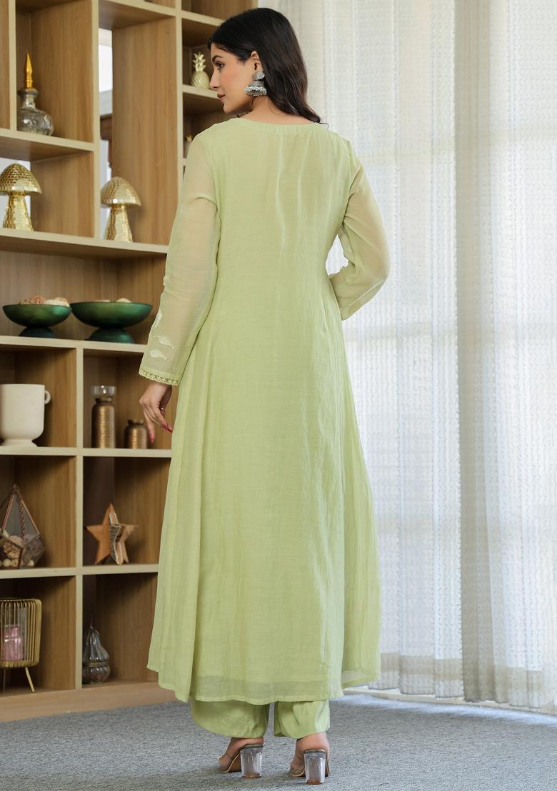 Light Green Thread Work Chanderi Kurta Set - Indya