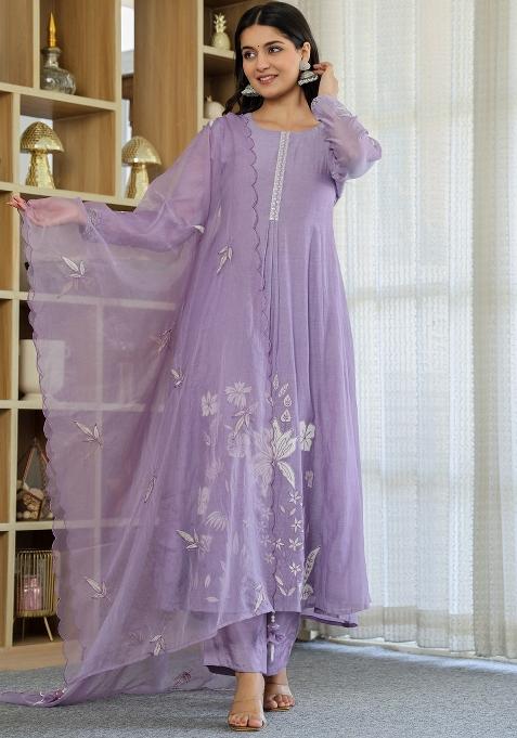 Lavender Thread Work Chanderi Kurta Set