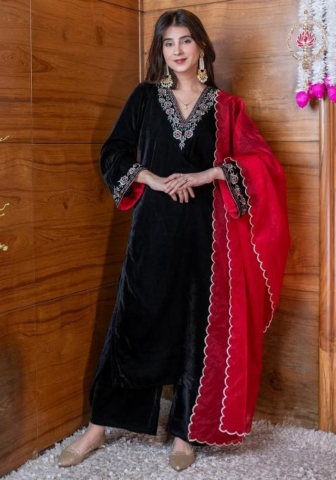 Black Thread Work Velvet Kurta Set