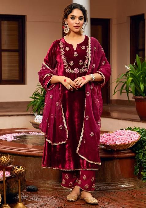 Maroon Thread Work Velvet Kurta Set