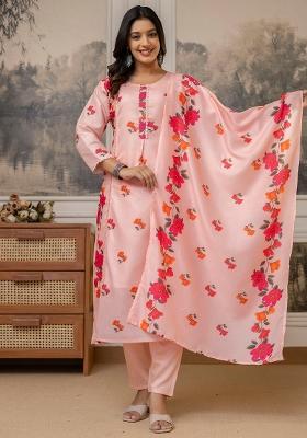 Peach Floral Print Cotton Kurta Set