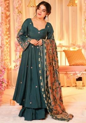 Teal Green Thread Work Chanderi Kurta Set