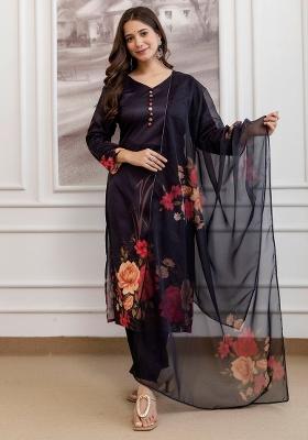 Black Floral Print Silk Kurta Set