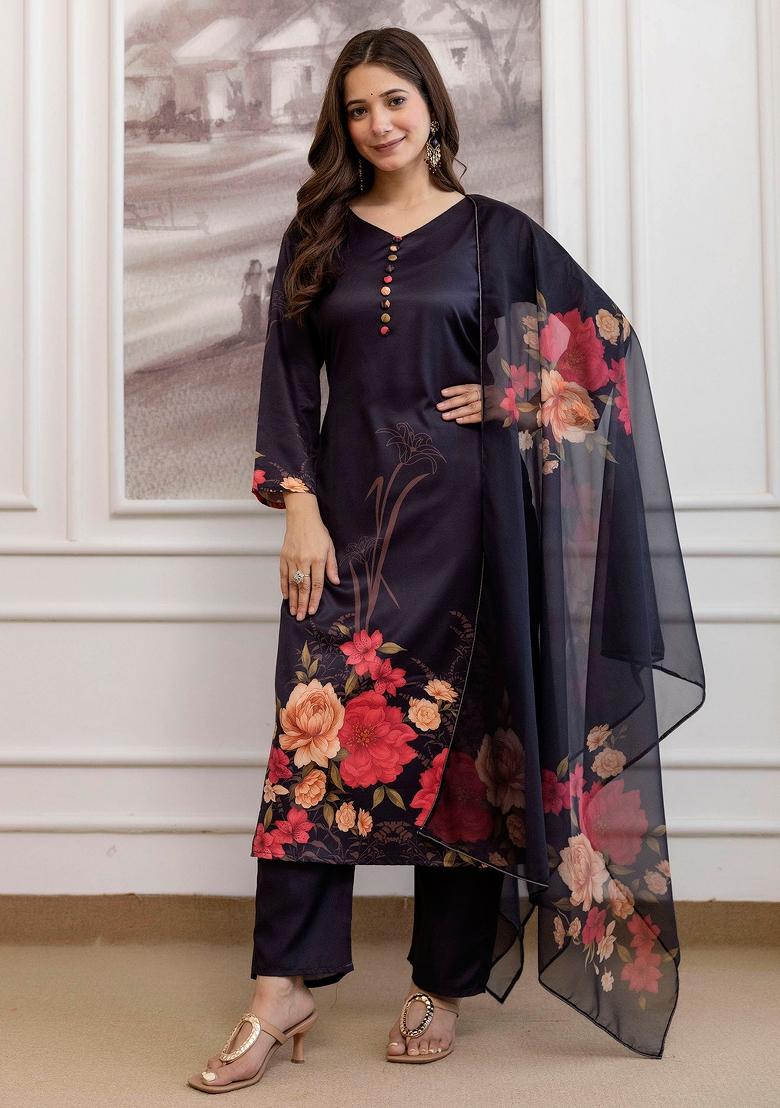 Black Floral Print Silk Kurta Set - Indya