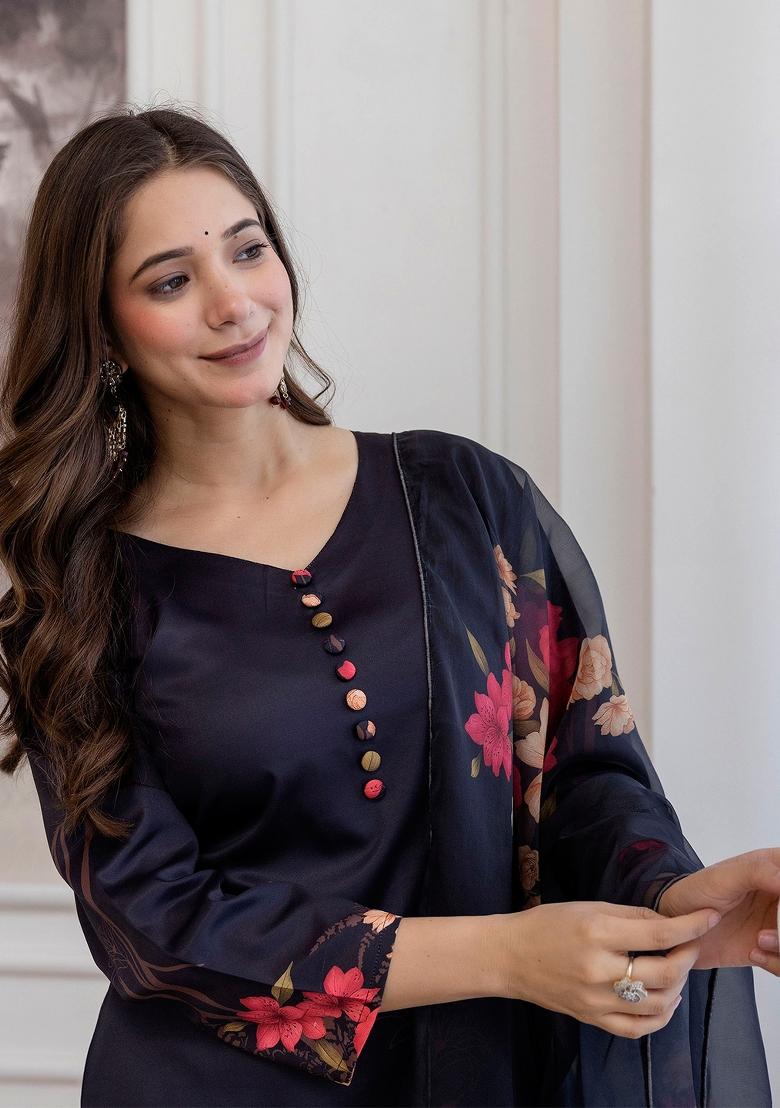 Black Floral Print Silk Kurta Set - Indya