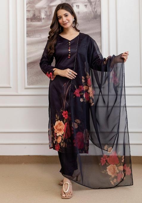 Black Floral Print Silk Kurta Set
