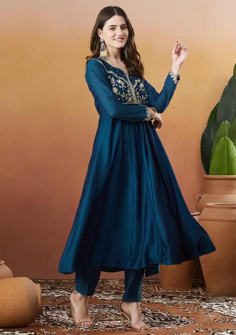 Blue Thread Work Silk Kurta Set - Indya
