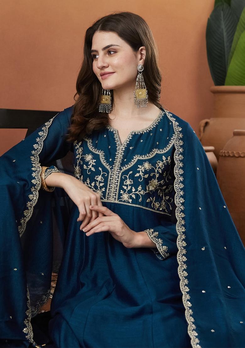Blue Thread Work Silk Kurta Set - Indya