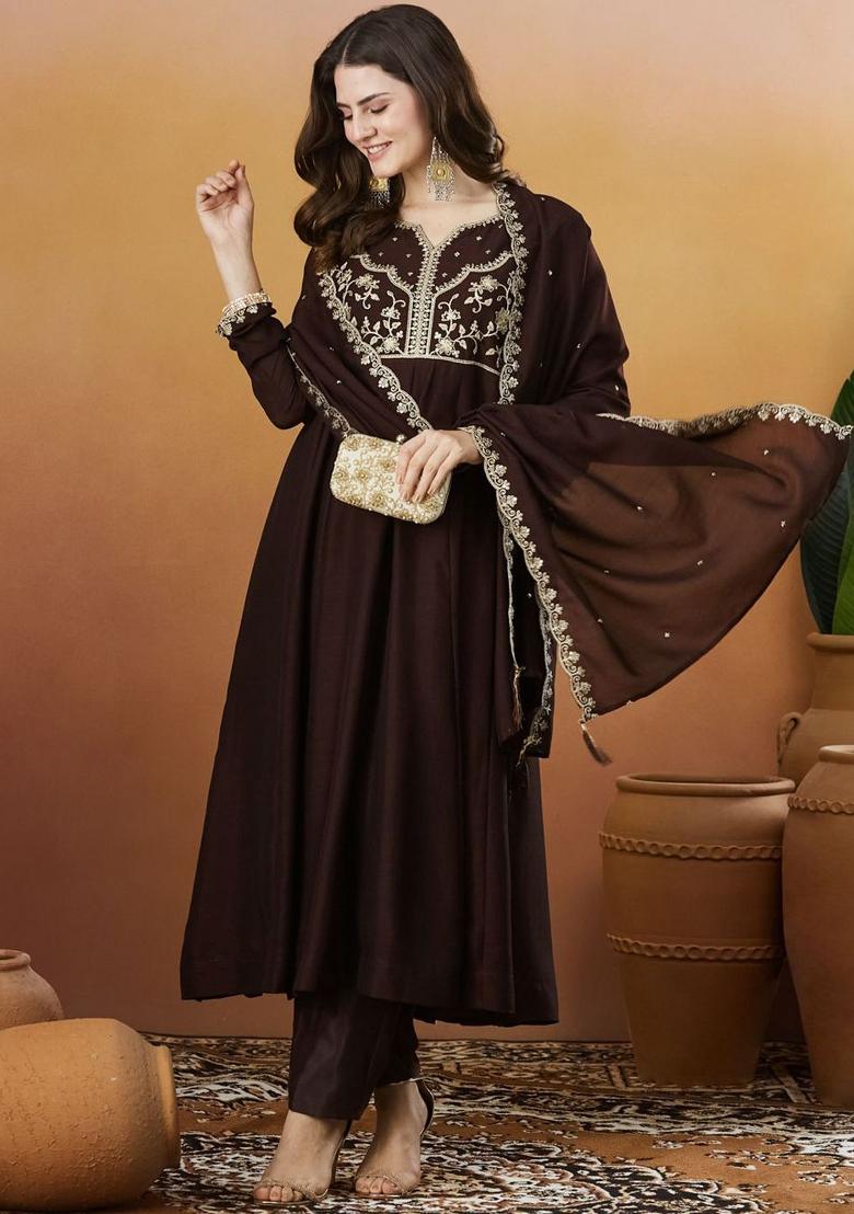 Coffee Thread Work Silk Kurta Set - Indya