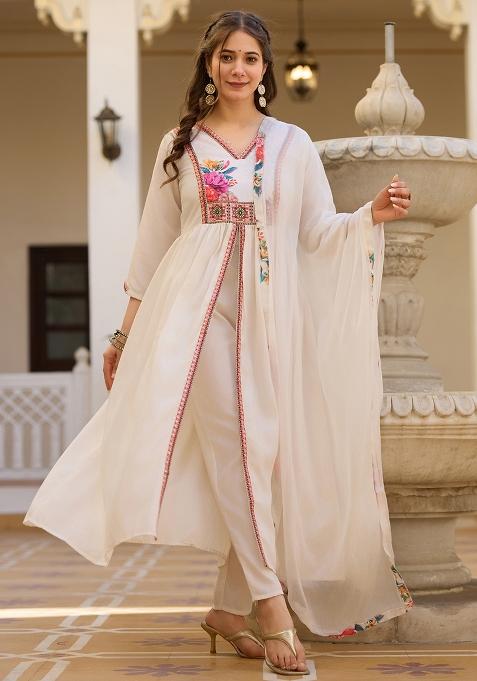 Off White Thread Work Silk Kurta Set