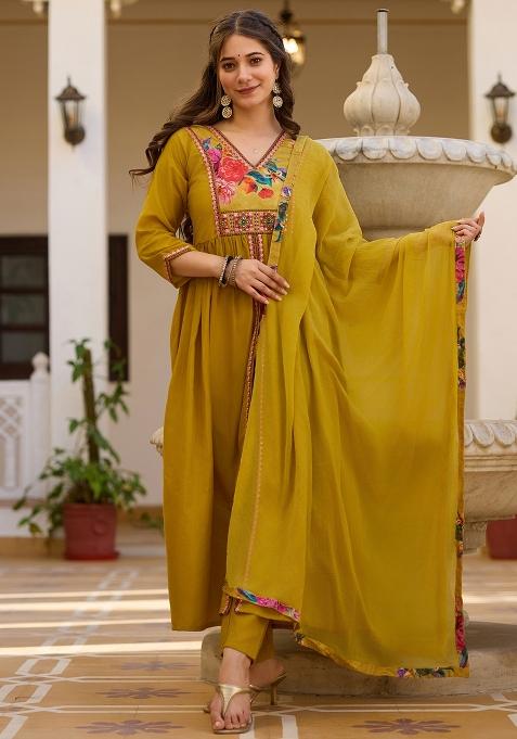 Mustard Thread Work Silk Kurta Set