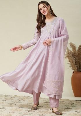 Lavender Thread Work Silk Kurta Set