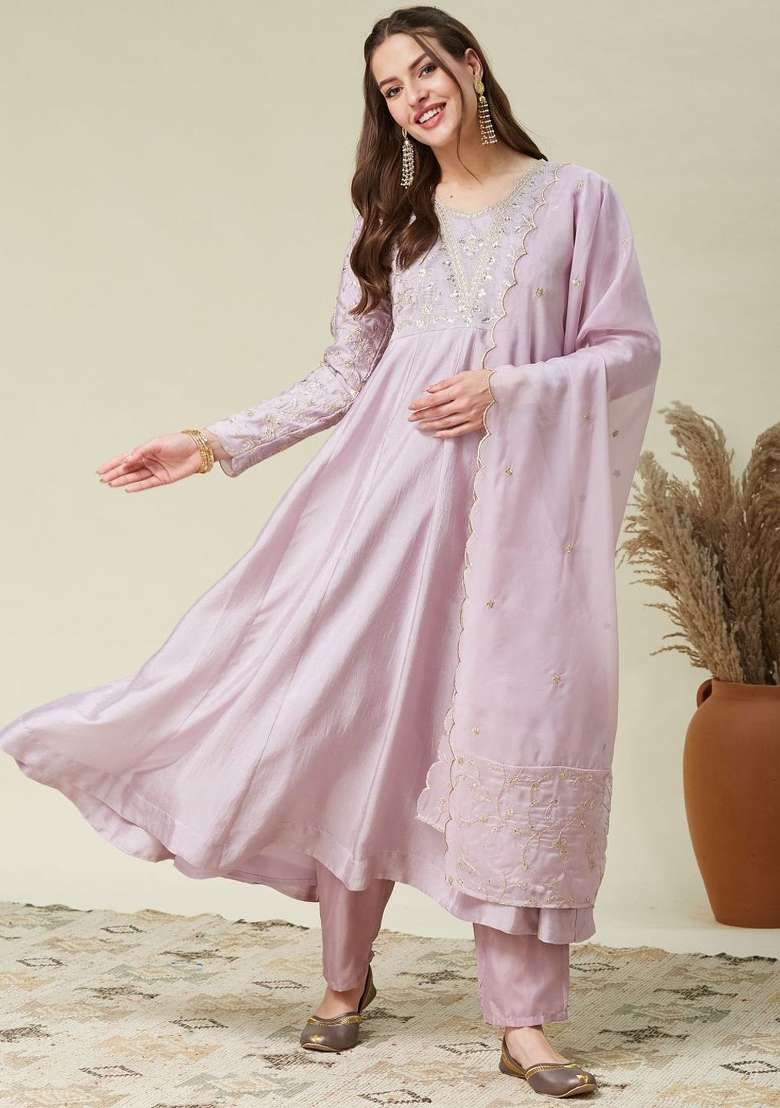 Lavender Embroidered Silk Blend Anarkali Set - Indya