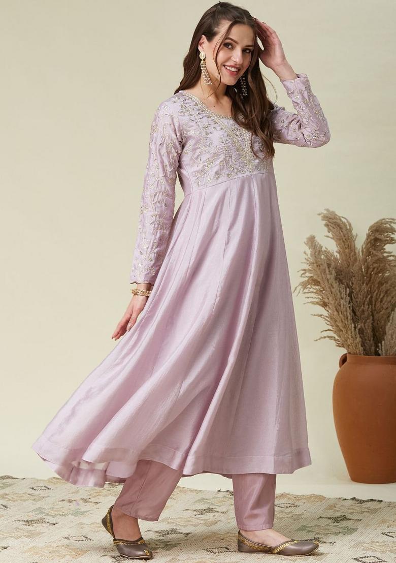 Lavender Thread Work Silk Kurta Set - Indya