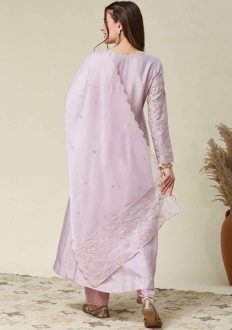 Lavender Embroidered Silk Blend Anarkali Set - Indya
