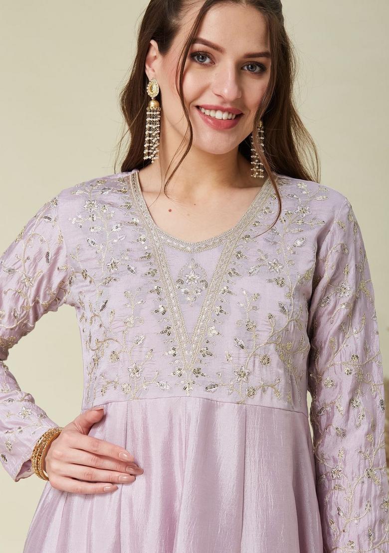 Lavender Thread Work Silk Kurta Set - Indya