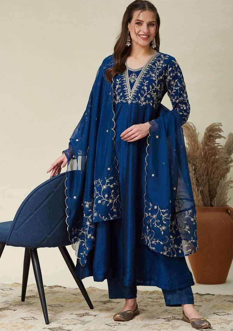 Blue Embroidered Silk Blend Anarkali Set - Indya