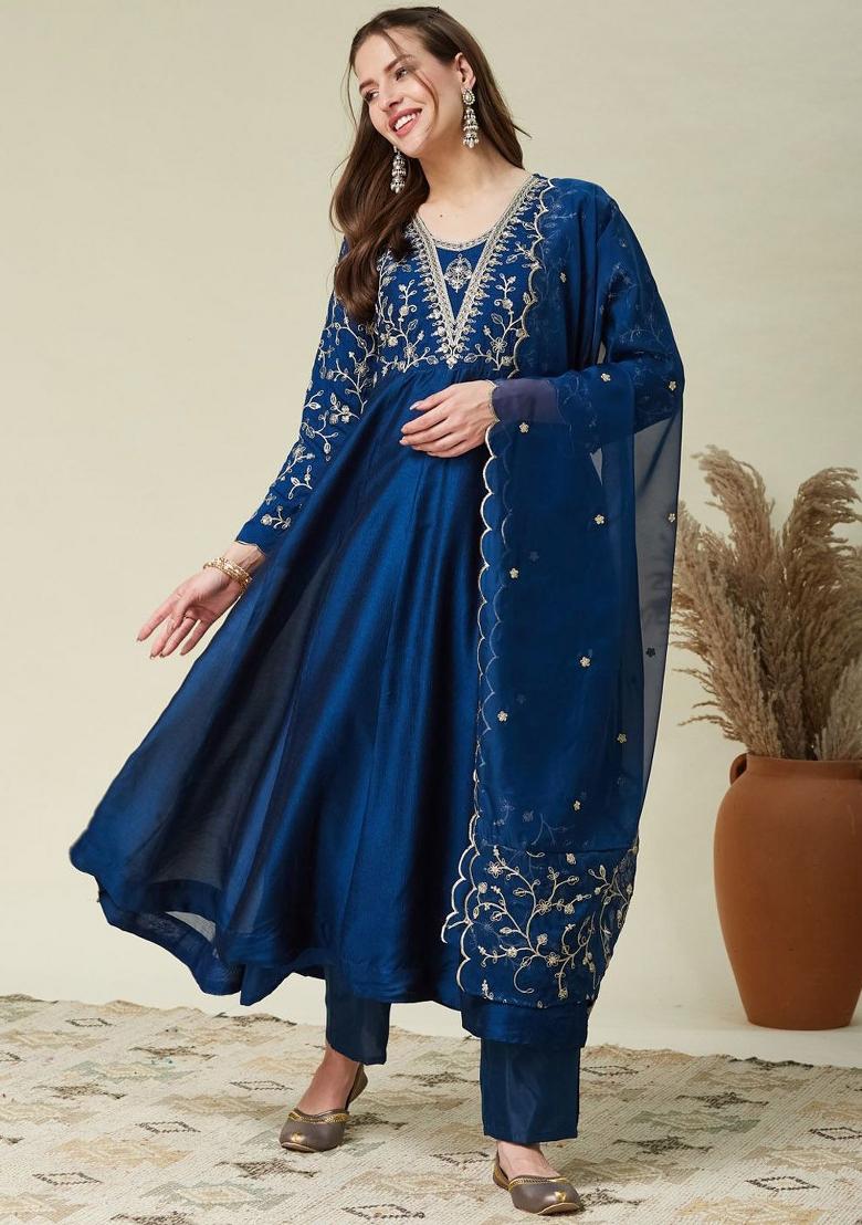 Blue Thread Work Silk Kurta Set - Indya