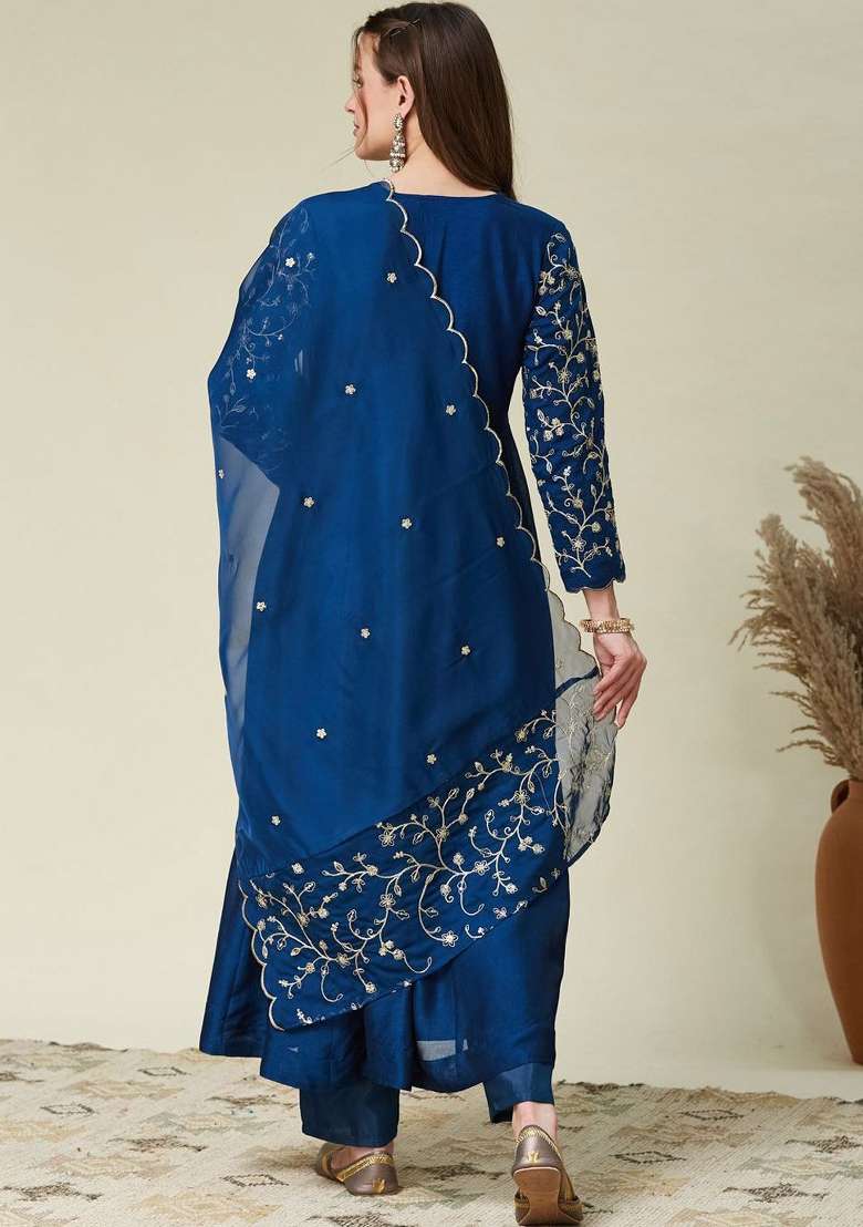 Blue Embroidered Silk Blend Anarkali Set - Indya