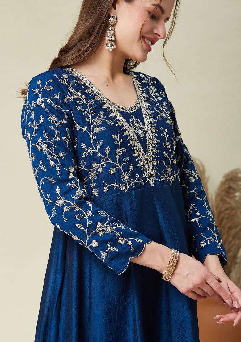 Blue Thread Work Silk Kurta Set - Indya