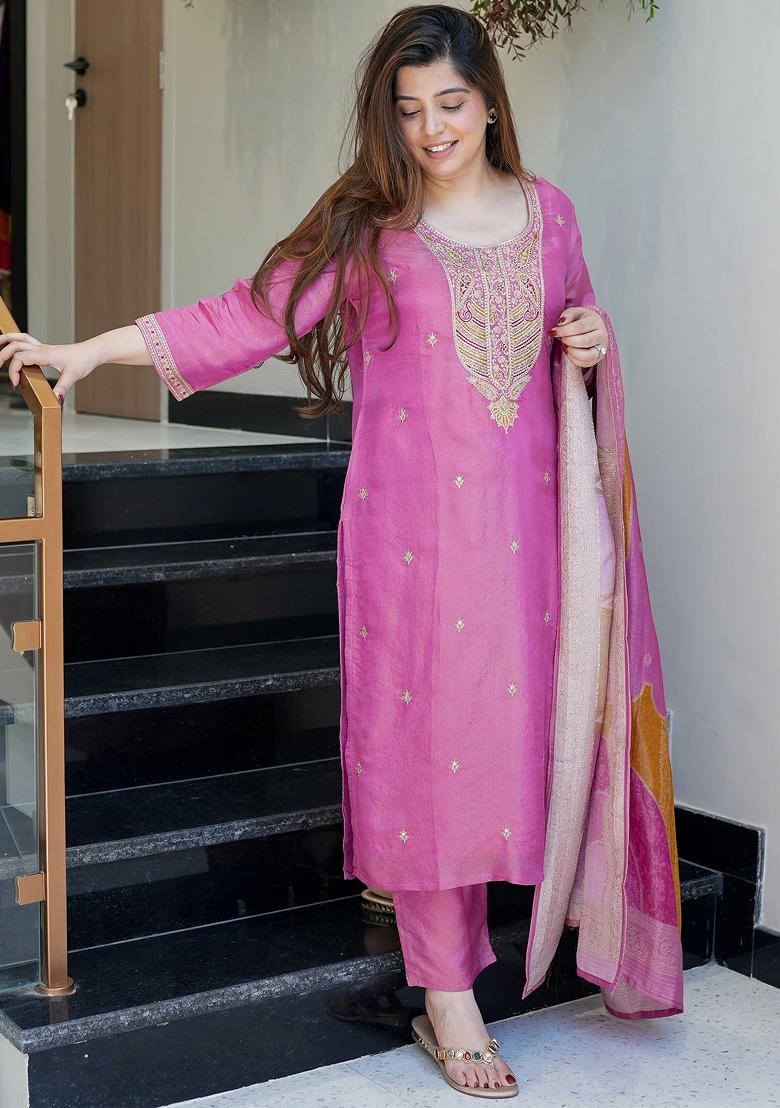 Pink Thread Work Viscose Kurta Set - Indya
