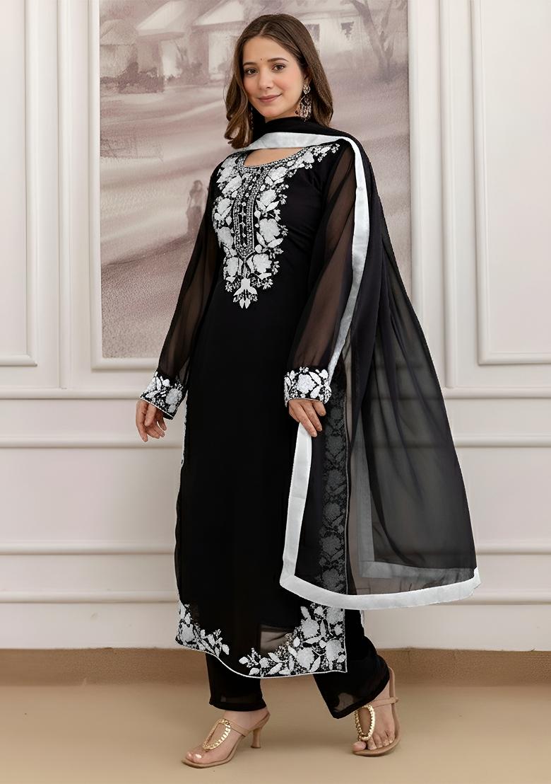 Black Thread Work Georgette Kurta Set - Indya