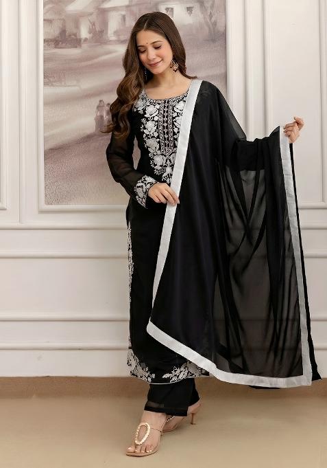 Black Thread Work Georgette Kurta Set