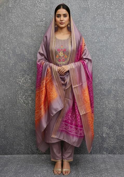 Purple Embroidery Silk Salwar Suit