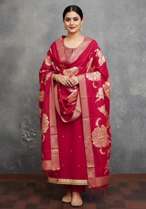 Red Embroidery Silk Salwar Suit