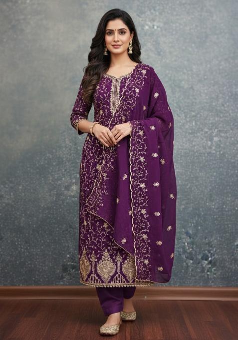 Purple Embroidery Georgette Salwar Suit