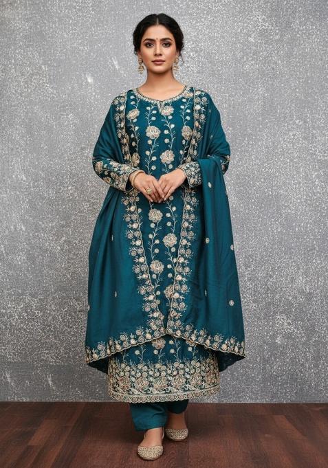 Blue Embroidery Silk Salwar Suit