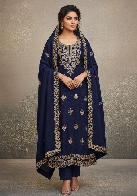 Blue Embroidery Silk Salwar Suit