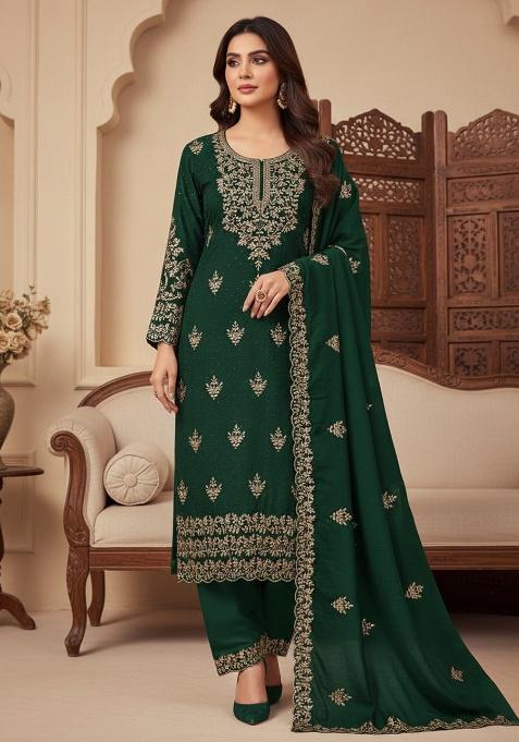 Green Embroidery Silk Salwar Suit