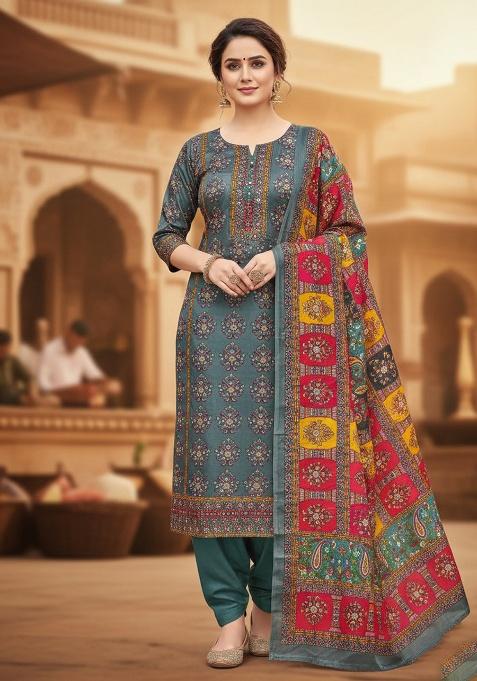 Grey Embroidery French Crepe Salwar Suit